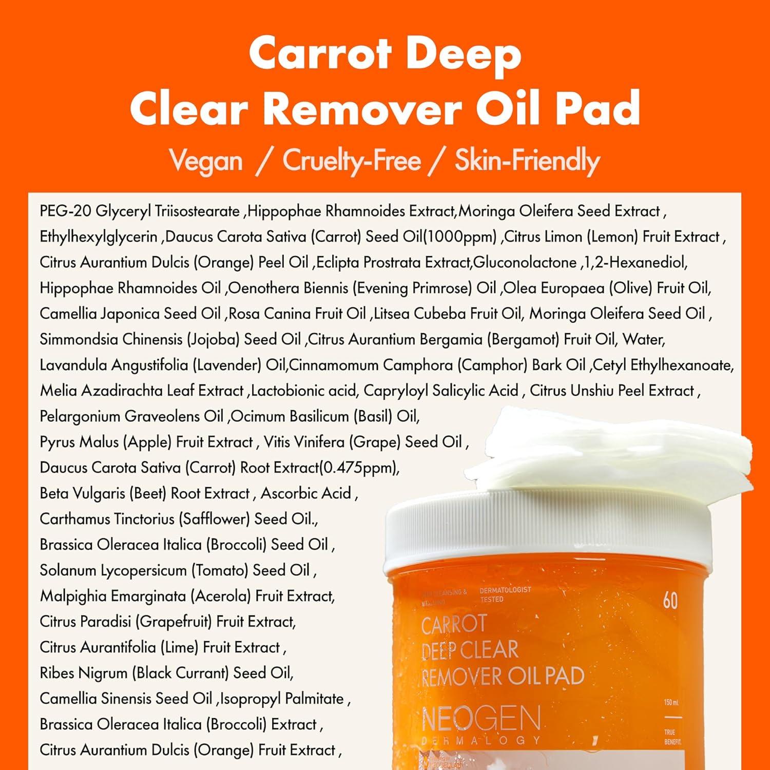 imageDERMALOGY by NEOGENLAB Carrot Deep Clear Remover Oil Pad 60 Pads Facial Oil Make Up Remover Cotton Pad for Sensitive Skin Gently Removes Waterproof Makeup amp Impurities AlcoholFree
