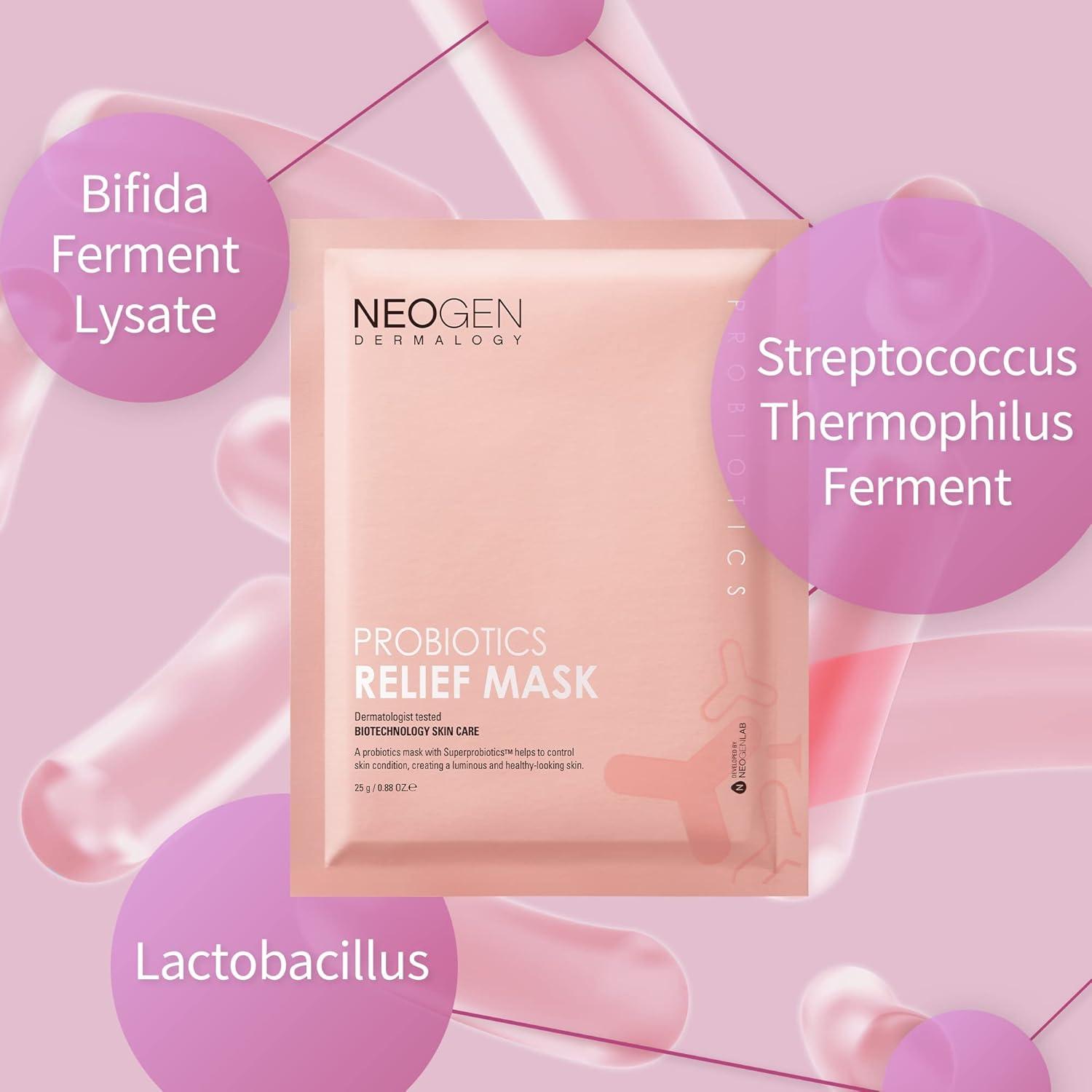 imageDERMALOGY by NEOGENLAB Probiotics Relief Mask Pack of 5 088 oz 25g Hydrating amp Firming Facial Sheet Mask with Probiotics Lactobacillus amp Bifida amp Collagen Korean Skin Care